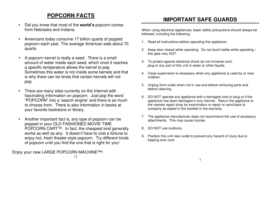 Nostalgia Electrics LPM-529 manual Popcorn Facts, Important Safe Guards 