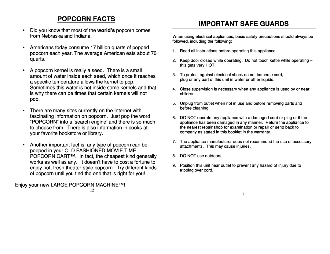 Nostalgia Electrics LPM-529 manual Popcorn Facts, Important Safe Guards 