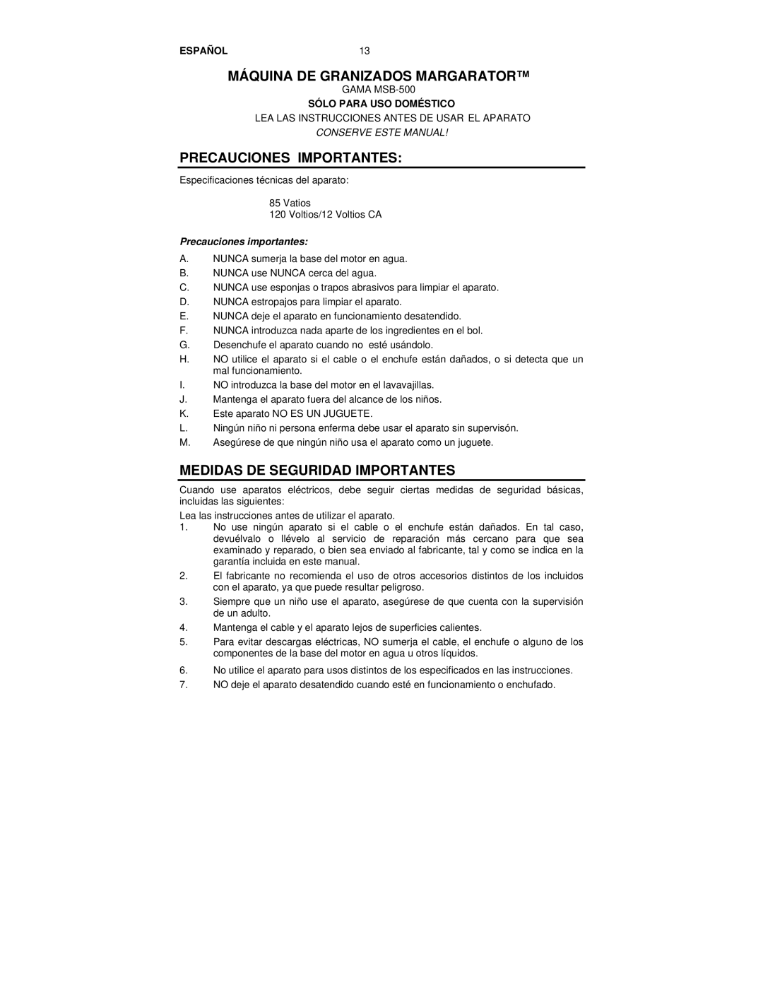 Nostalgia Electrics MSB-585 Máquina DE Granizados Margarator, Precauciones Importantes, Medidas DE Seguridad Importantes 