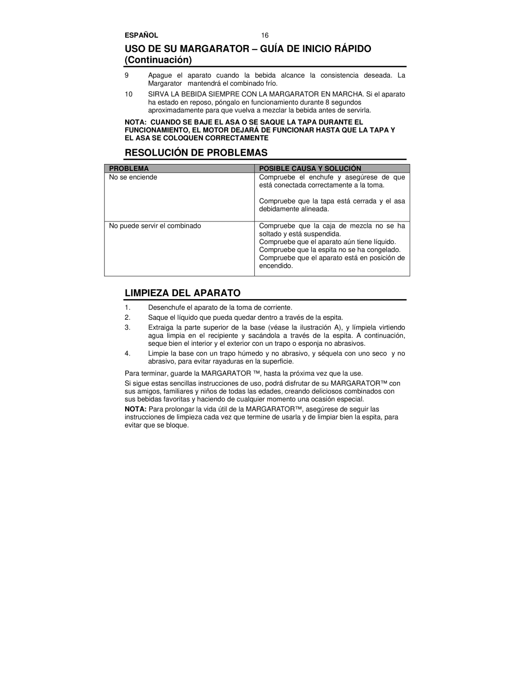 Nostalgia Electrics MSB-585 manual USO DE SU Margarator Guía DE Inicio Rápido Continuación, Resolución DE Problemas 