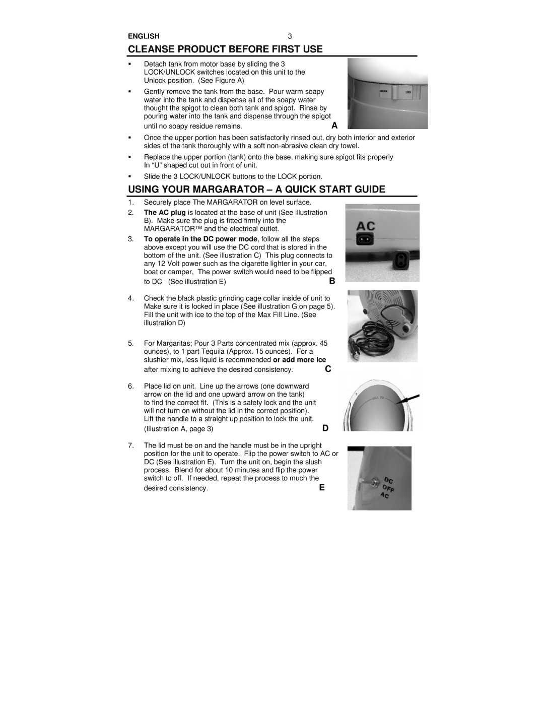 Nostalgia Electrics MSB-585 manual Cleanse Product Before First USE, Using Your Margarator a Quick Start Guide 