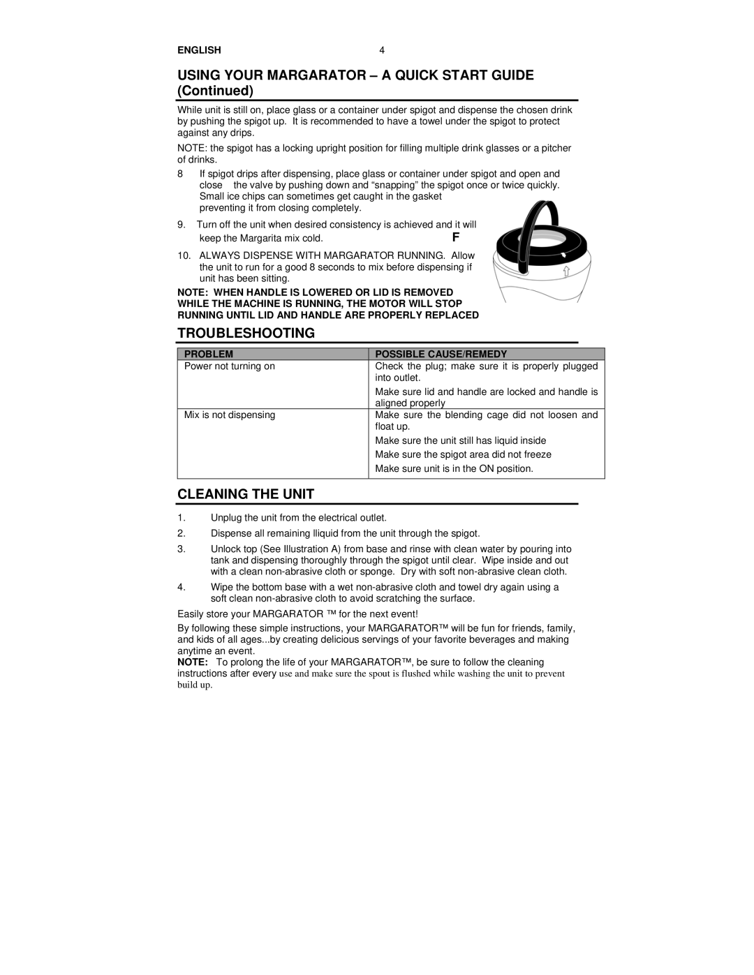 Nostalgia Electrics MSB-585 manual Using Your Margarator a Quick Start Guide, Troubleshooting, Cleaning the Unit 