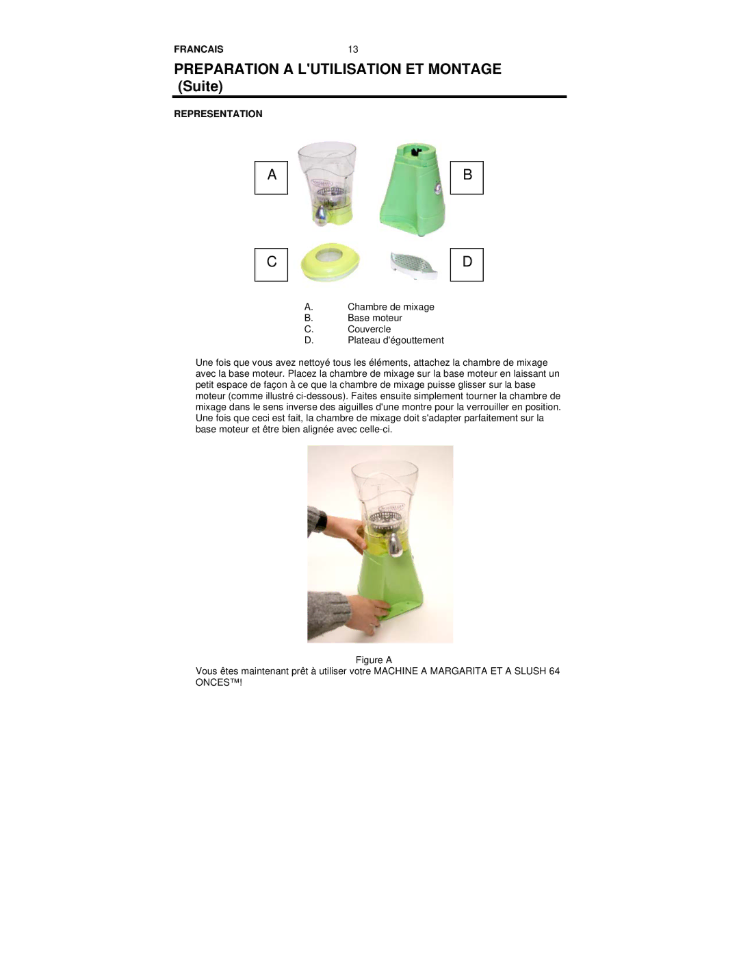 Nostalgia Electrics MSB-64 manual Preparation a Lutilisation ET Montage Suite, FRANCAIS13, Representation 