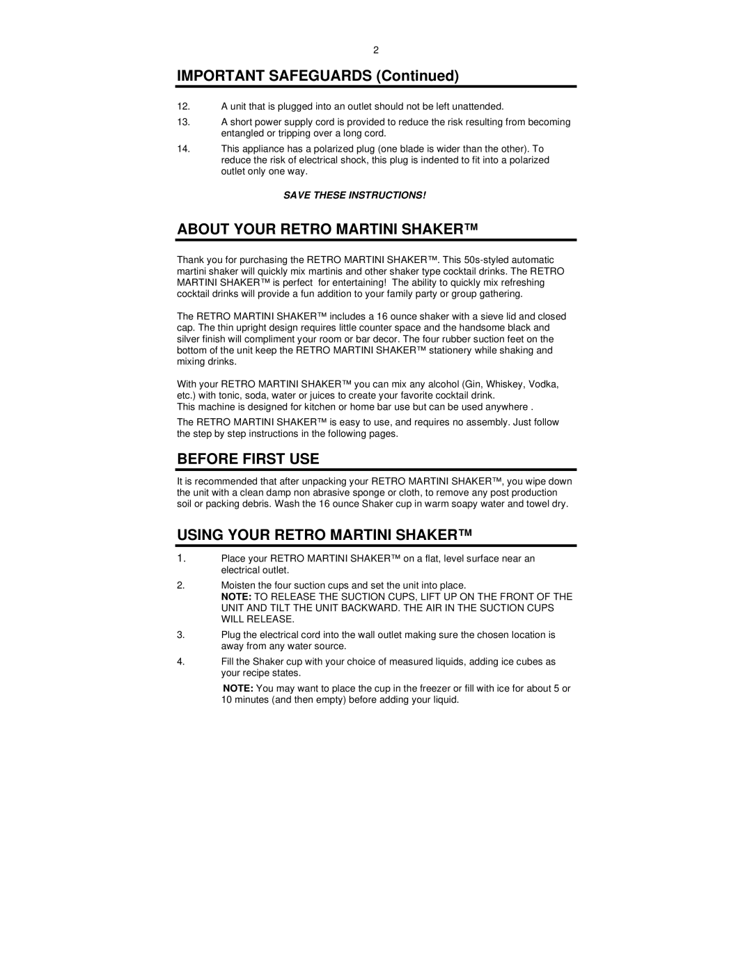 Nostalgia Electrics MSH-105 manual Important Safeguards, About Your Retro Martini Shaker, Before First USE 