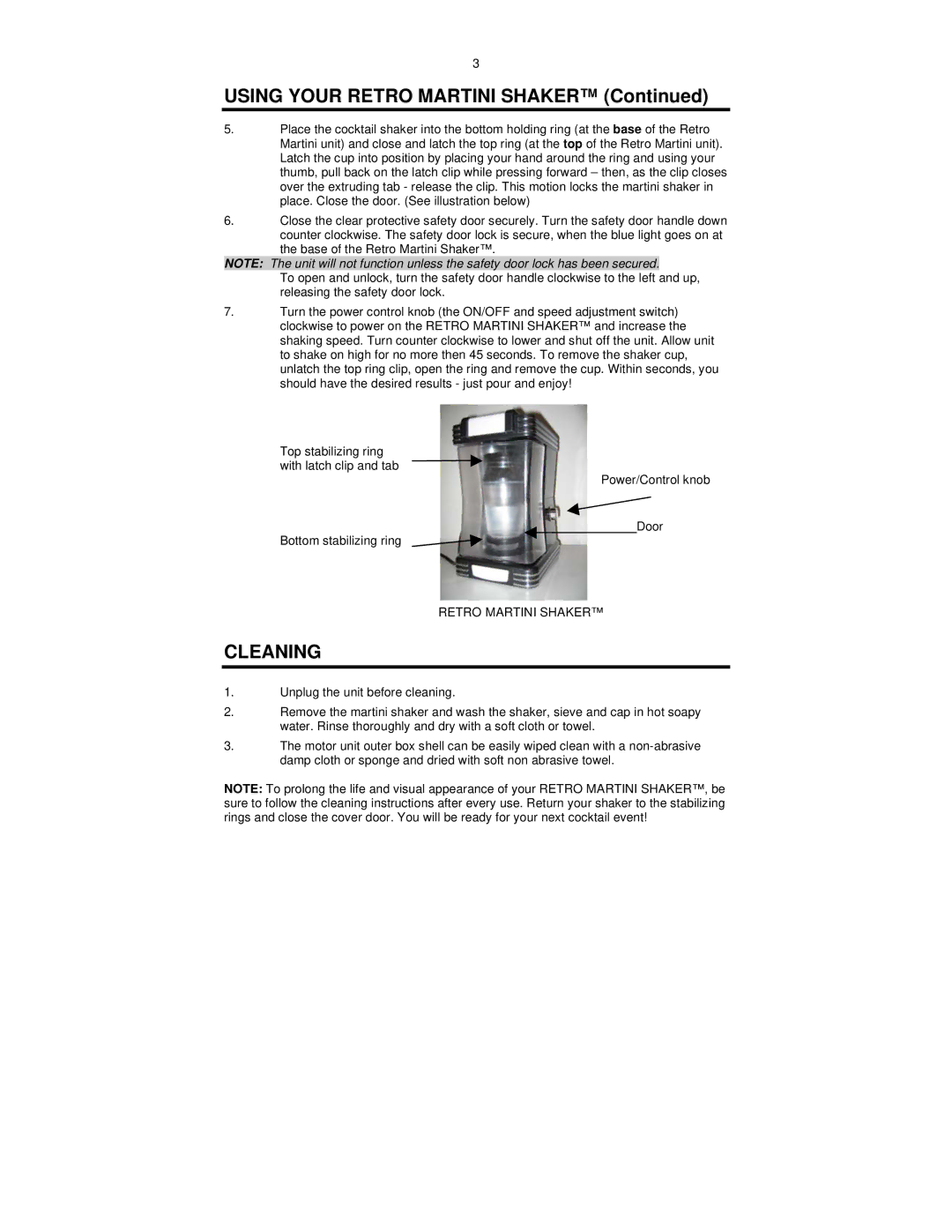 Nostalgia Electrics MSH-105 manual Using Your Retro Martini Shaker, Cleaning 