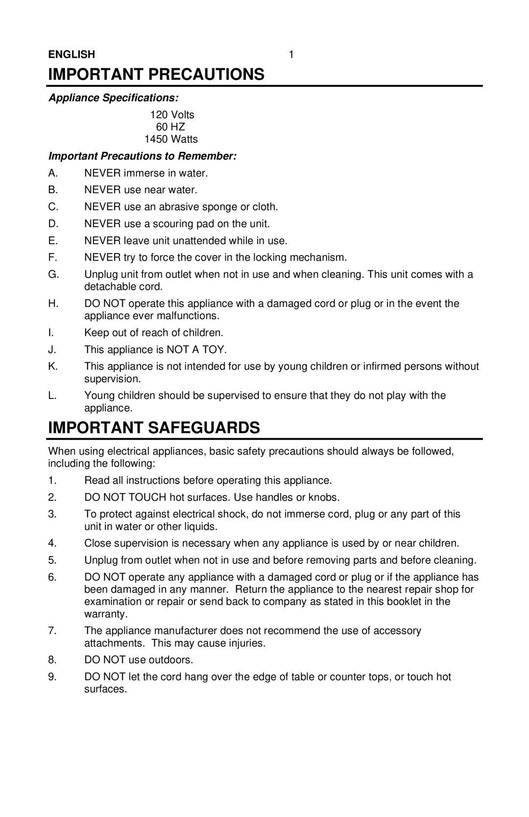 Nostalgia Electrics NGD-200 manual Important Precautions, Important Safeguards, Appliance Specifications 