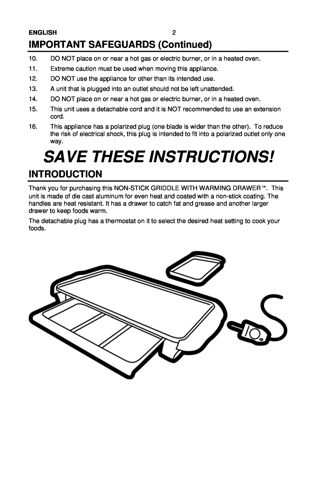Nostalgia Electrics NGD-200 manual IMPORTANT SAFEGUARDS Continued, Introduction, Save These Instructions, English 