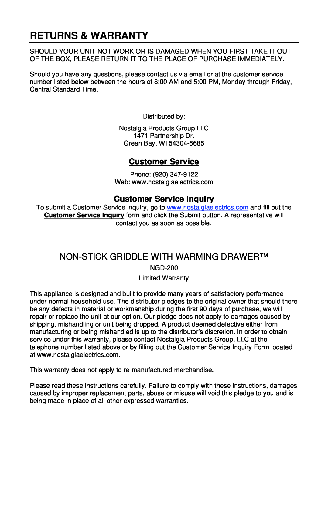 Nostalgia Electrics NGD-200 manual Returns & Warranty, Non-Stickgriddle With Warming Drawer, Customer Service 