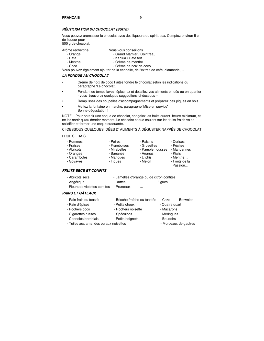 Nostalgia Electrics RFF-500 manual Réutilisation DU Chocolat Suite, LA Fondue AU Chocolat, Fruits Secs ET Confits 