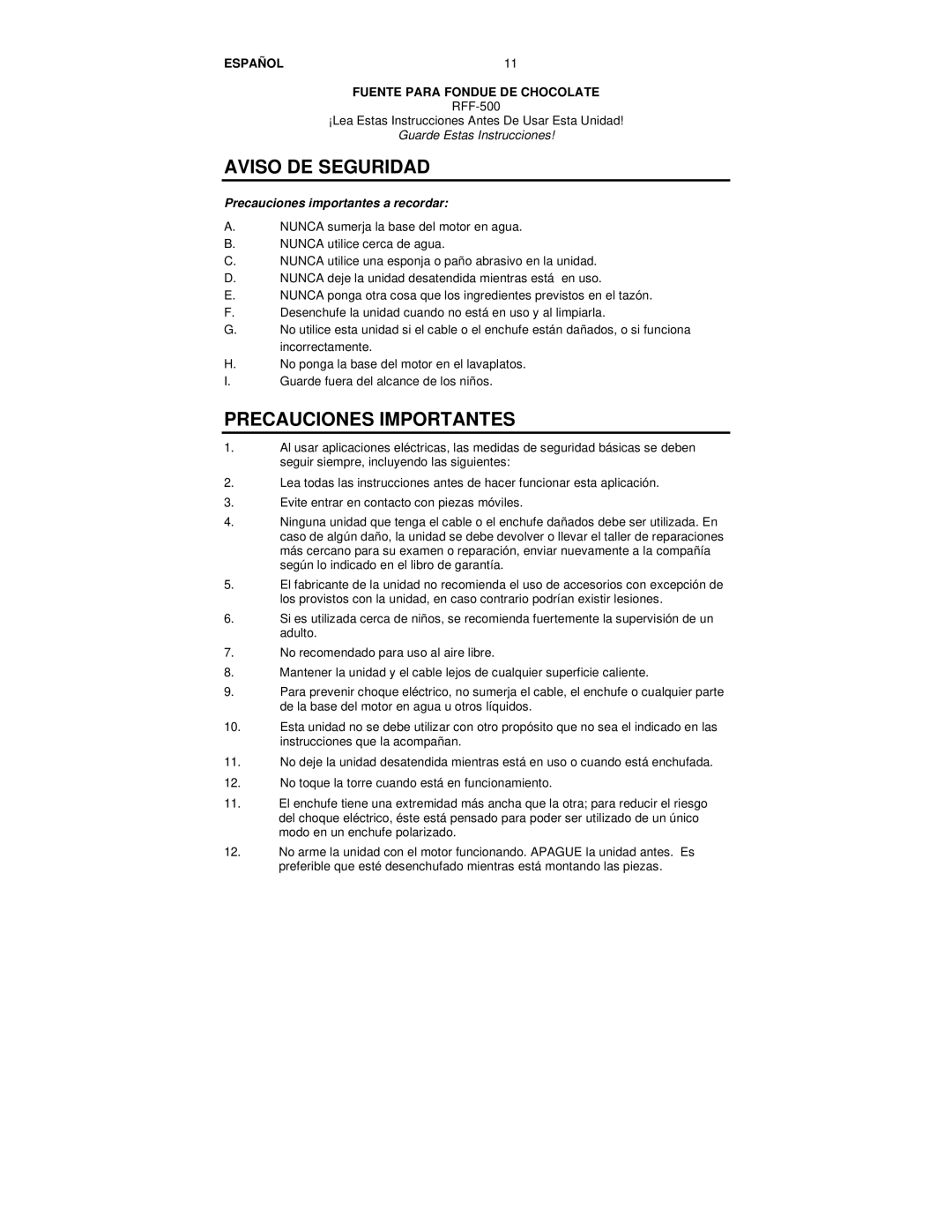 Nostalgia Electrics RFF-500 manual Aviso DE Seguridad, Precauciones Importantes 