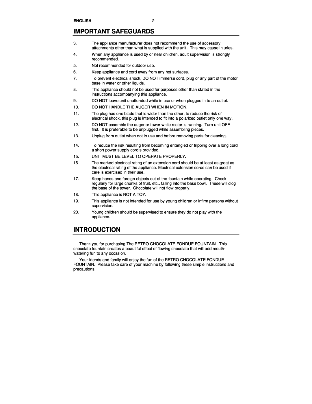 Nostalgia Electrics RFF-500 manual Introduction, ENGLISH2, Important Safeguards 
