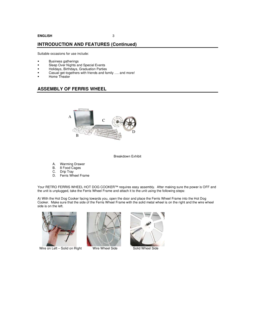 Nostalgia Electrics RFH-900 manual Introduction and Features, Assembly of Ferris Wheel 