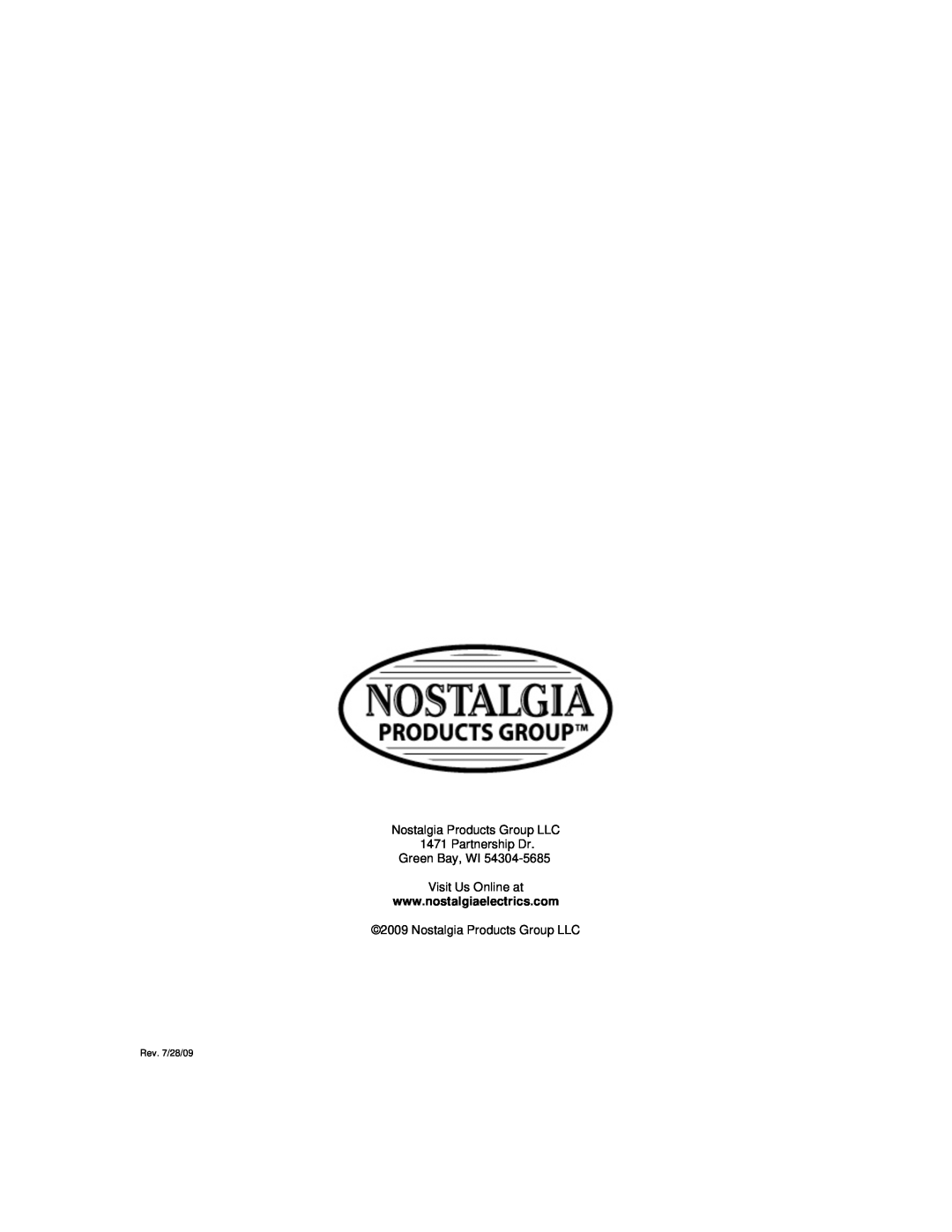 Nostalgia Electrics RFH-900 manual Nostalgia Products Group LLC 1471 Partnership Dr, Green Bay, WI Visit Us Online at 