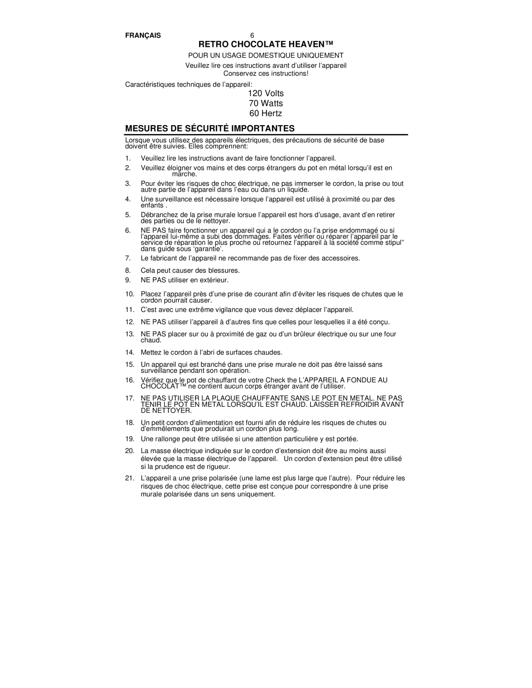 Nostalgia Electrics RHM-800 manual Mesures DE Sécurité Importantes, Pour UN Usage Domestique Uniquement 