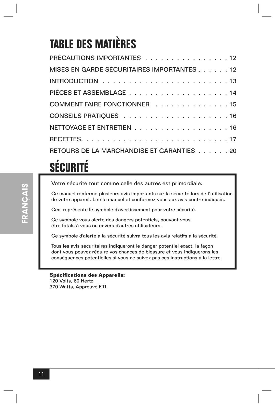 Nostalgia Electrics RKP630 manual Table DES Matières, Sécurité 