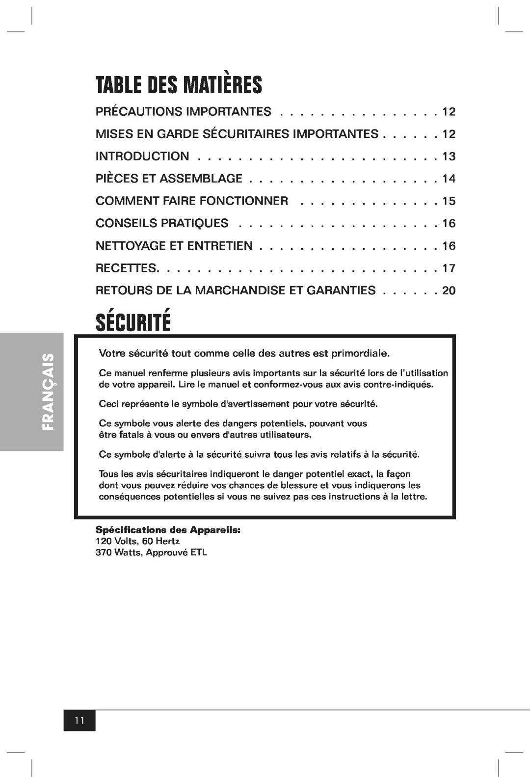 Nostalgia Electrics RKP630 manual Table Des Matières, Sécurité, Français 