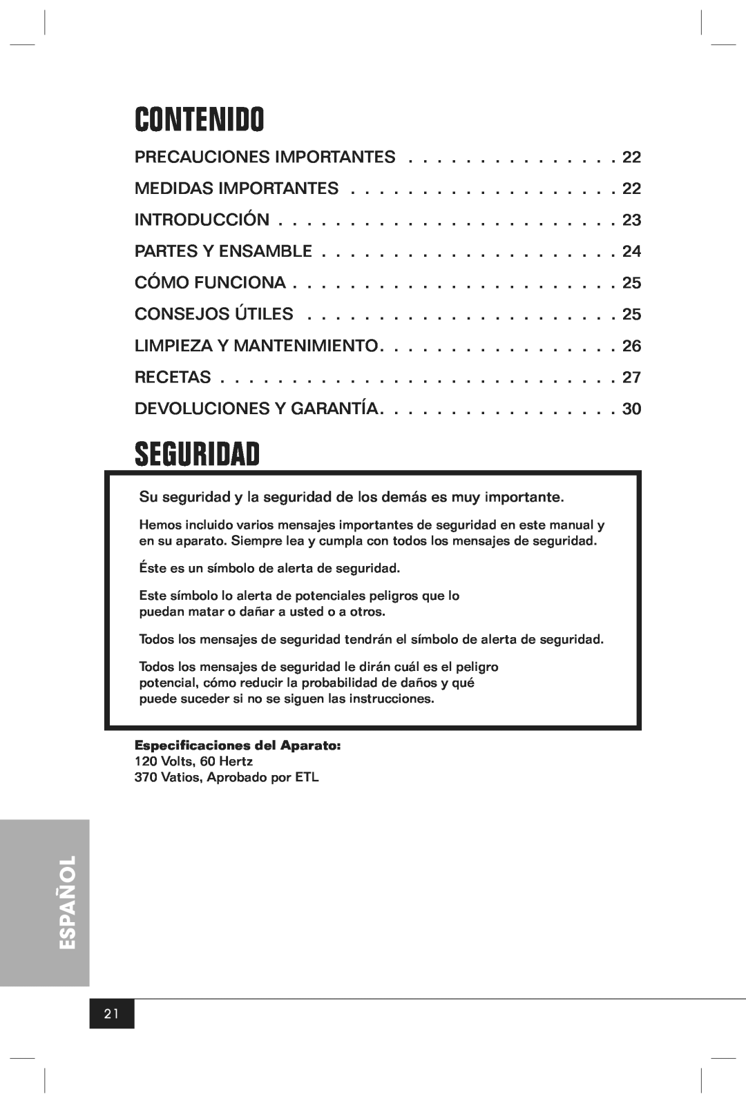 Nostalgia Electrics RKP630 manual Contenido, Seguridad, Español 