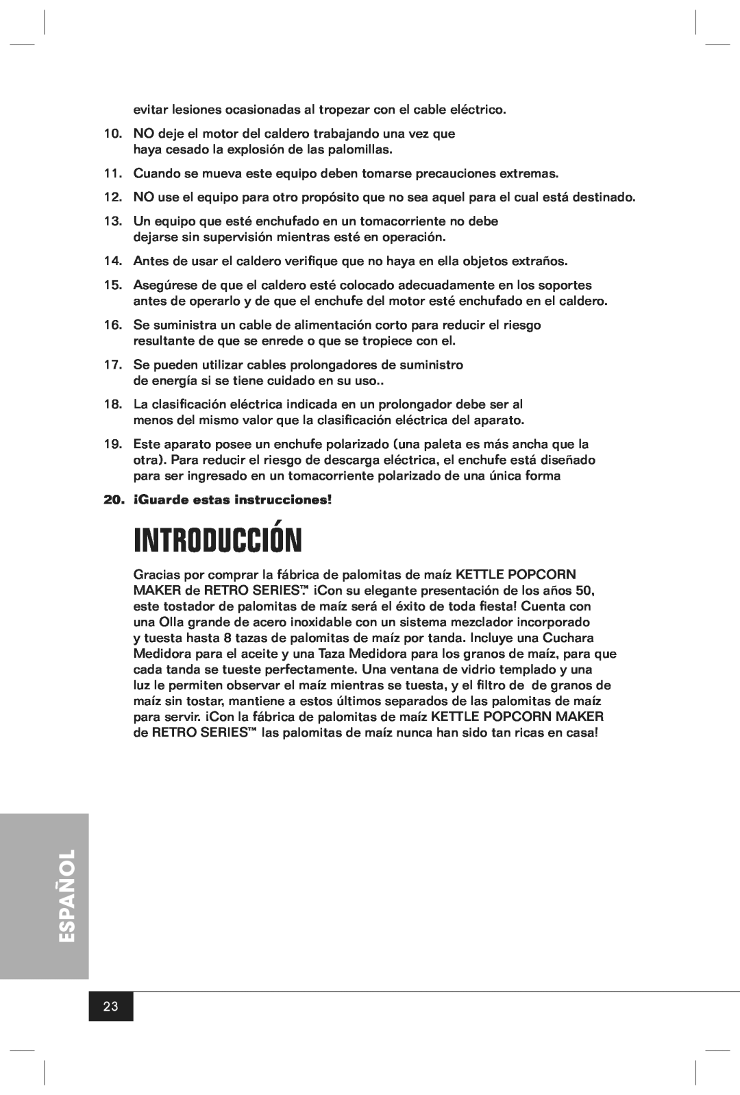 Nostalgia Electrics RKP630 manual Introducción, Español, 20. ¡Guarde estas instrucciones 