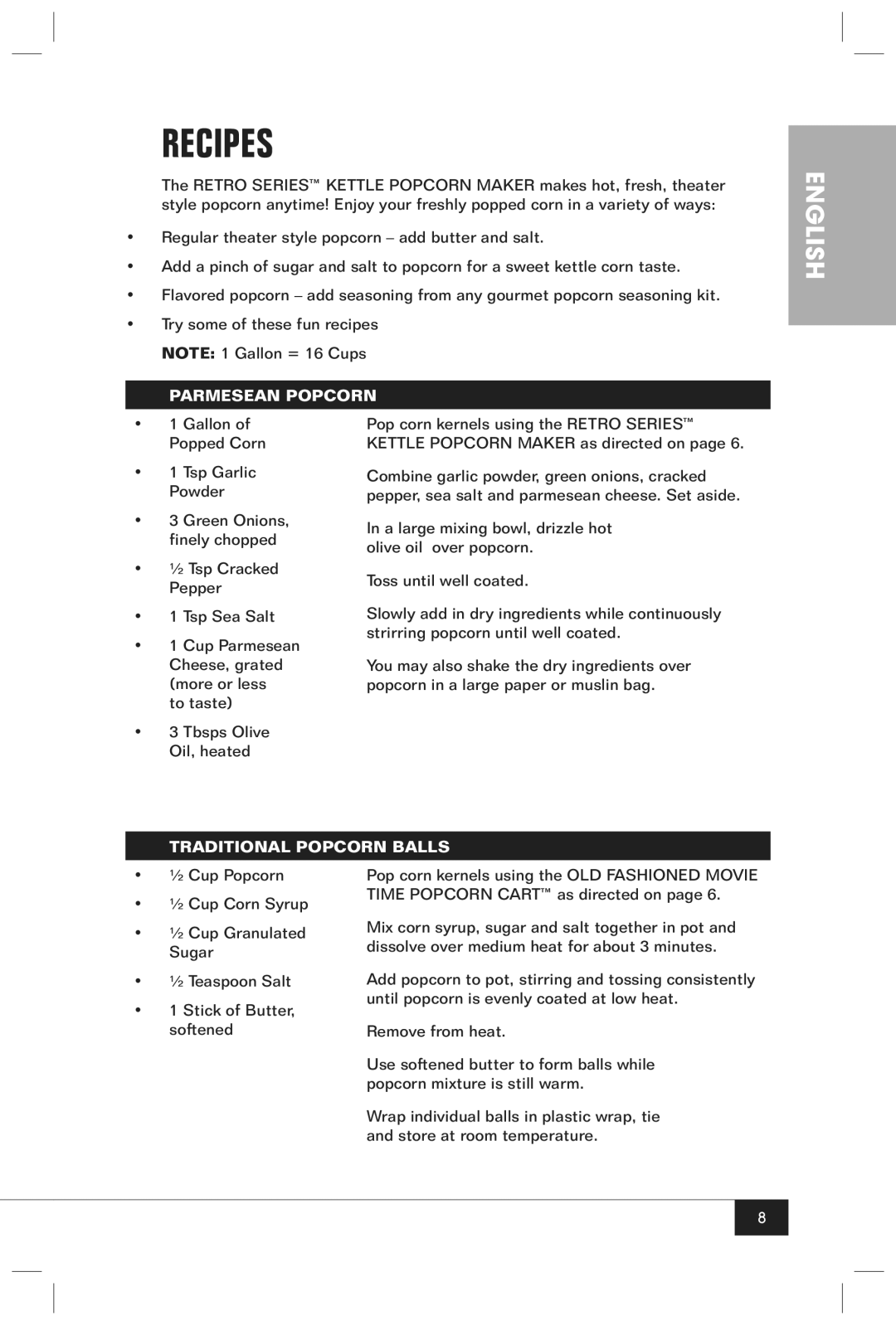 Nostalgia Electrics RKP630SERIES manual Recipes, Parmesean Popcorn, Traditional Popcorn Balls 