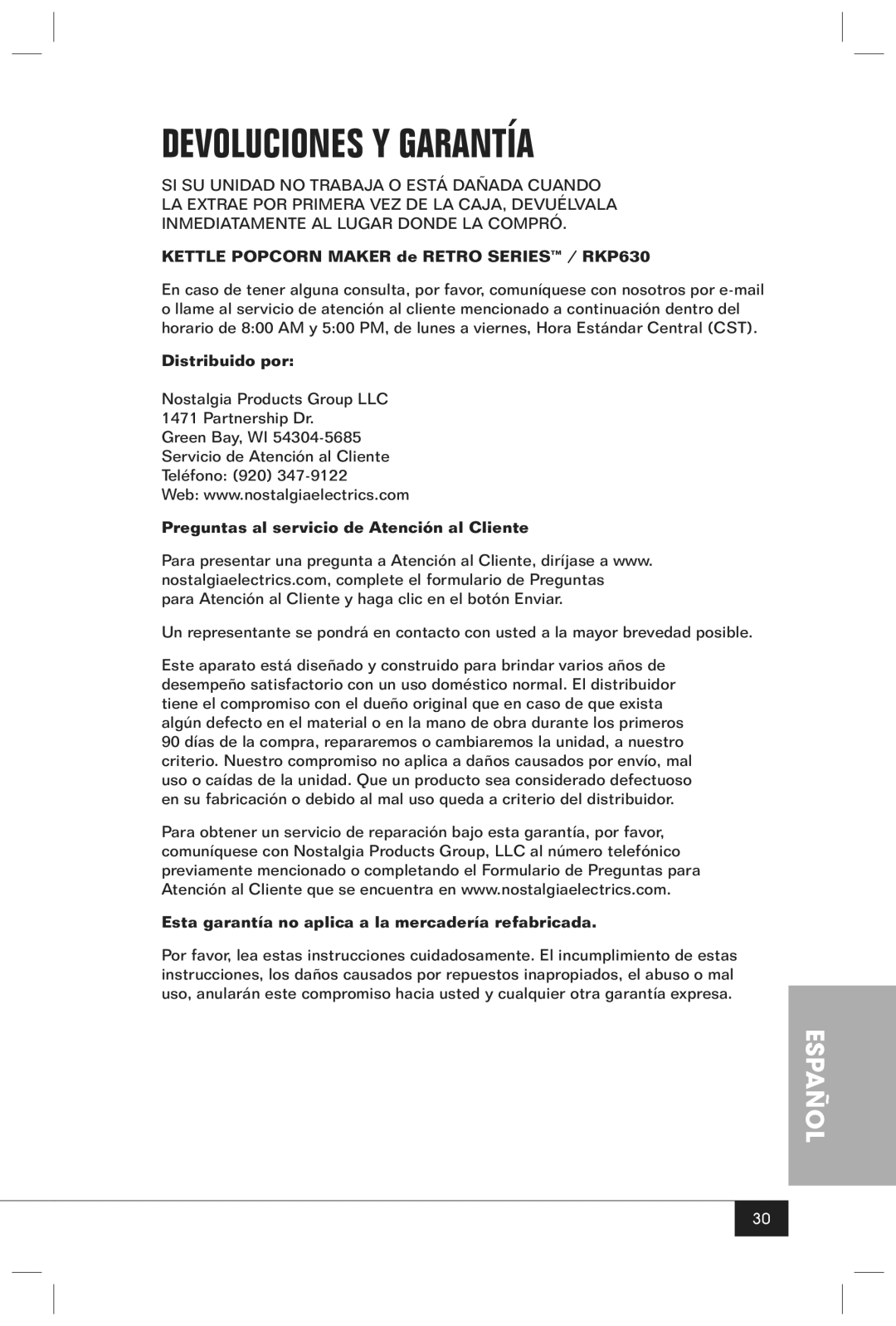 Nostalgia Electrics RKP630SERIES manual Devoluciones Y Garantía, Kettle Popcorn Maker de Retro Series / RKP630 