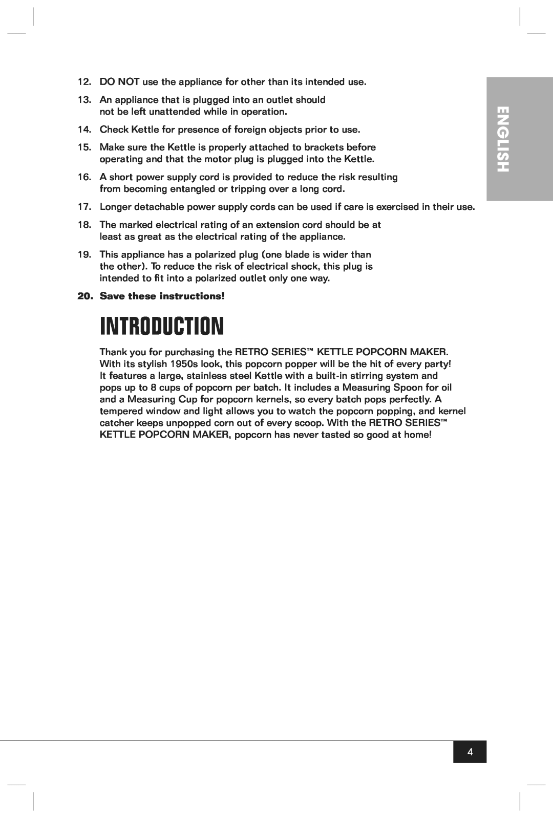 Nostalgia Electrics RKP630SERIES manual Introduction, English, Save these instructions 