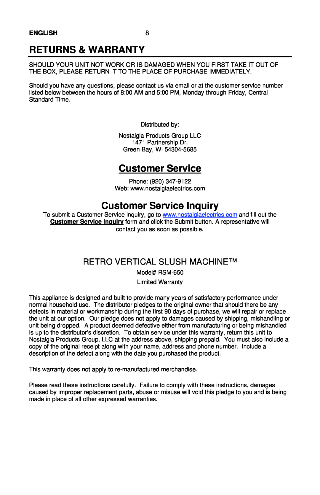Nostalgia Electrics RSM-650 manual Returns & Warranty, Customer Service Inquiry, Retro Vertical Slush Machine, ENGLISH8 