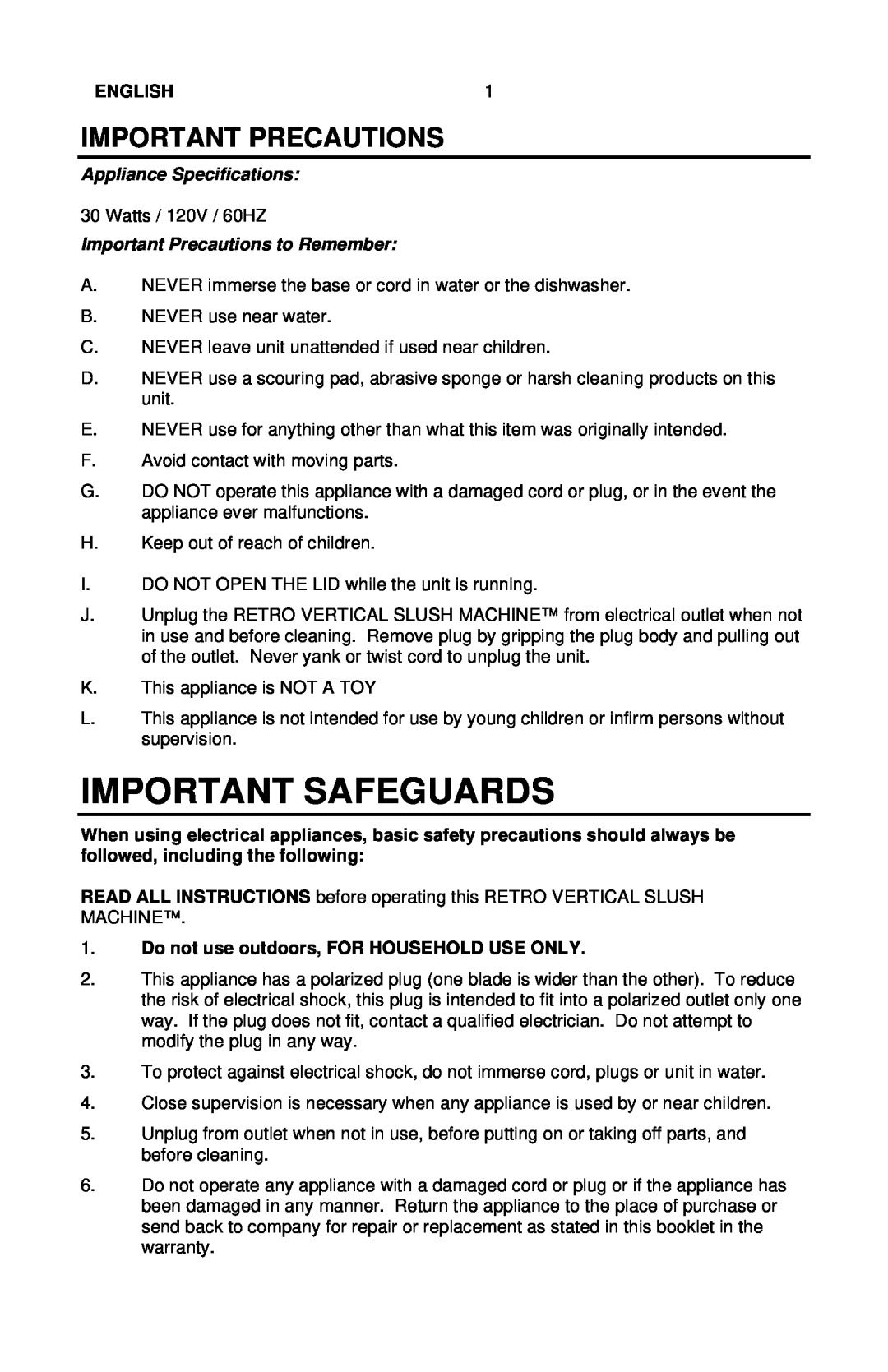 Nostalgia Electrics RSM-650 manual Important Safeguards, Important Precautions, English, Appliance Specifications 