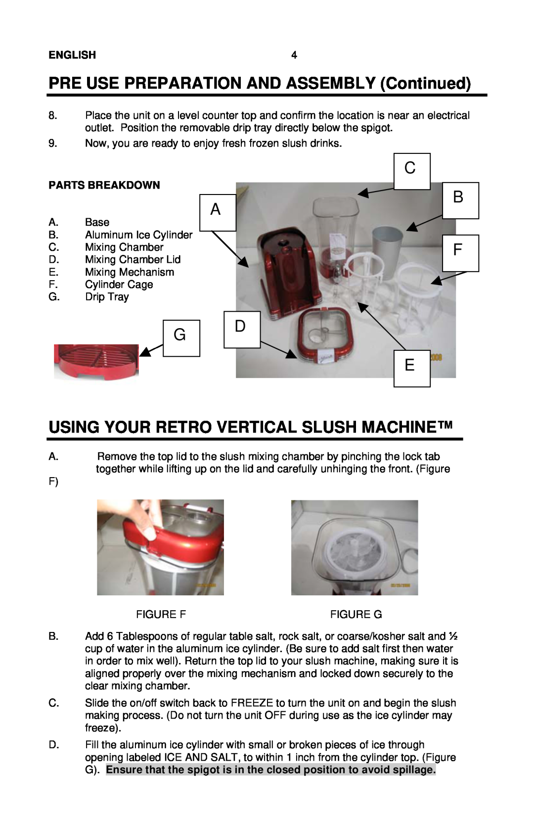 Nostalgia Electrics RSM-650 PRE USE PREPARATION AND ASSEMBLY Continued, Using Your Retro Vertical Slush Machine, English 