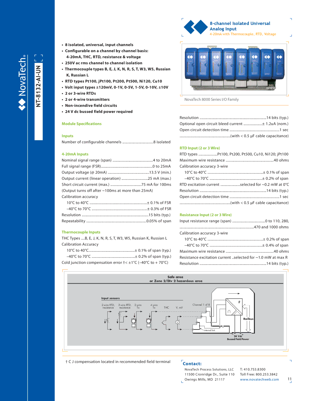 NotaTech 8000SeriesI/O manual NT-8132-AI-UN, 20mA Inputs, Thermocouple Inputs, RTD Input 2 or 3 Wire 