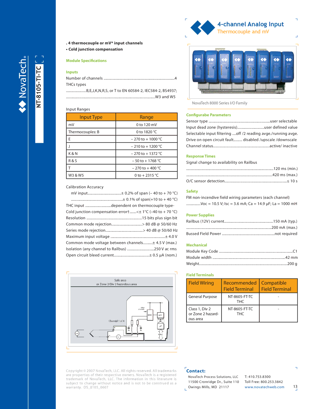 NotaTech 8000SeriesI/O manual NT-8105-TI-TC, Thermocouple and mV, Configurabe Parameters, Response Times 