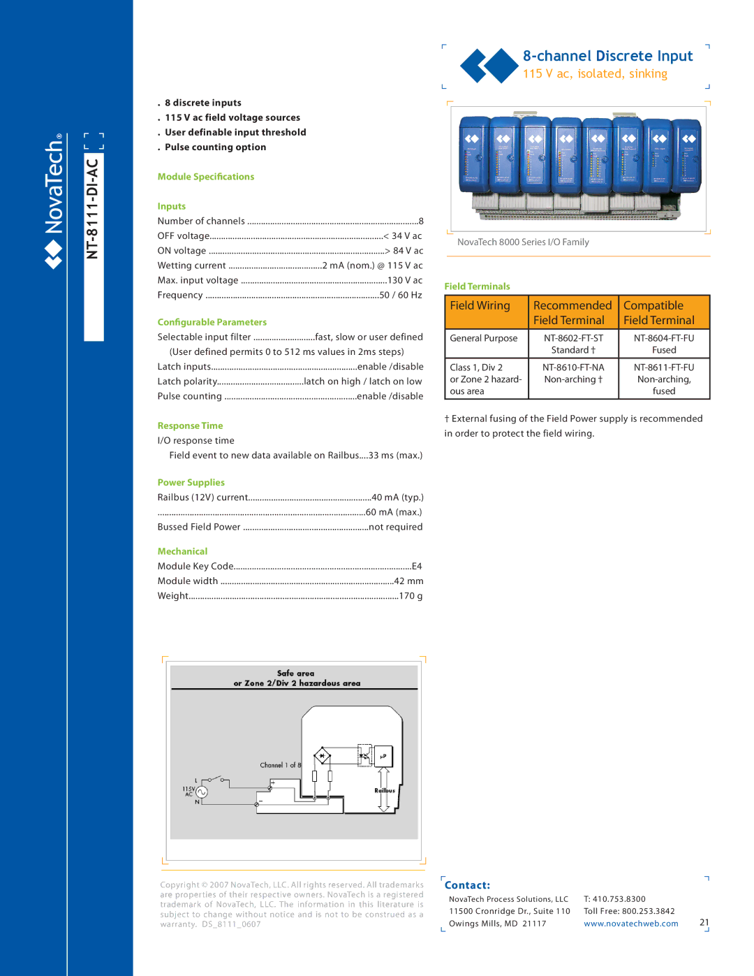 NotaTech 8000SeriesI/O manual NT-8111-DI-AC, Ac, isolated, sinking 