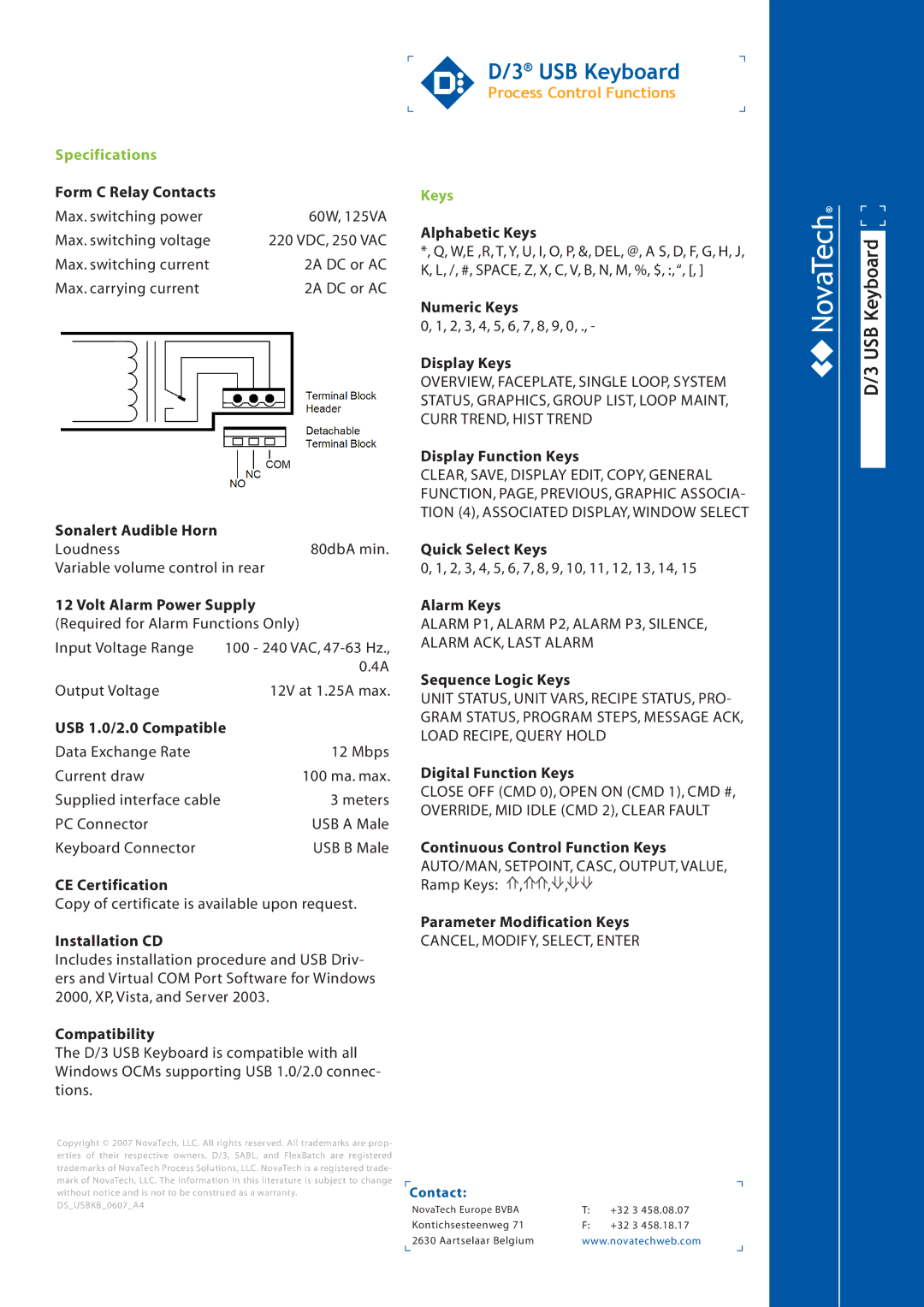 NotaTech D/3 manual Specifications, Keys 