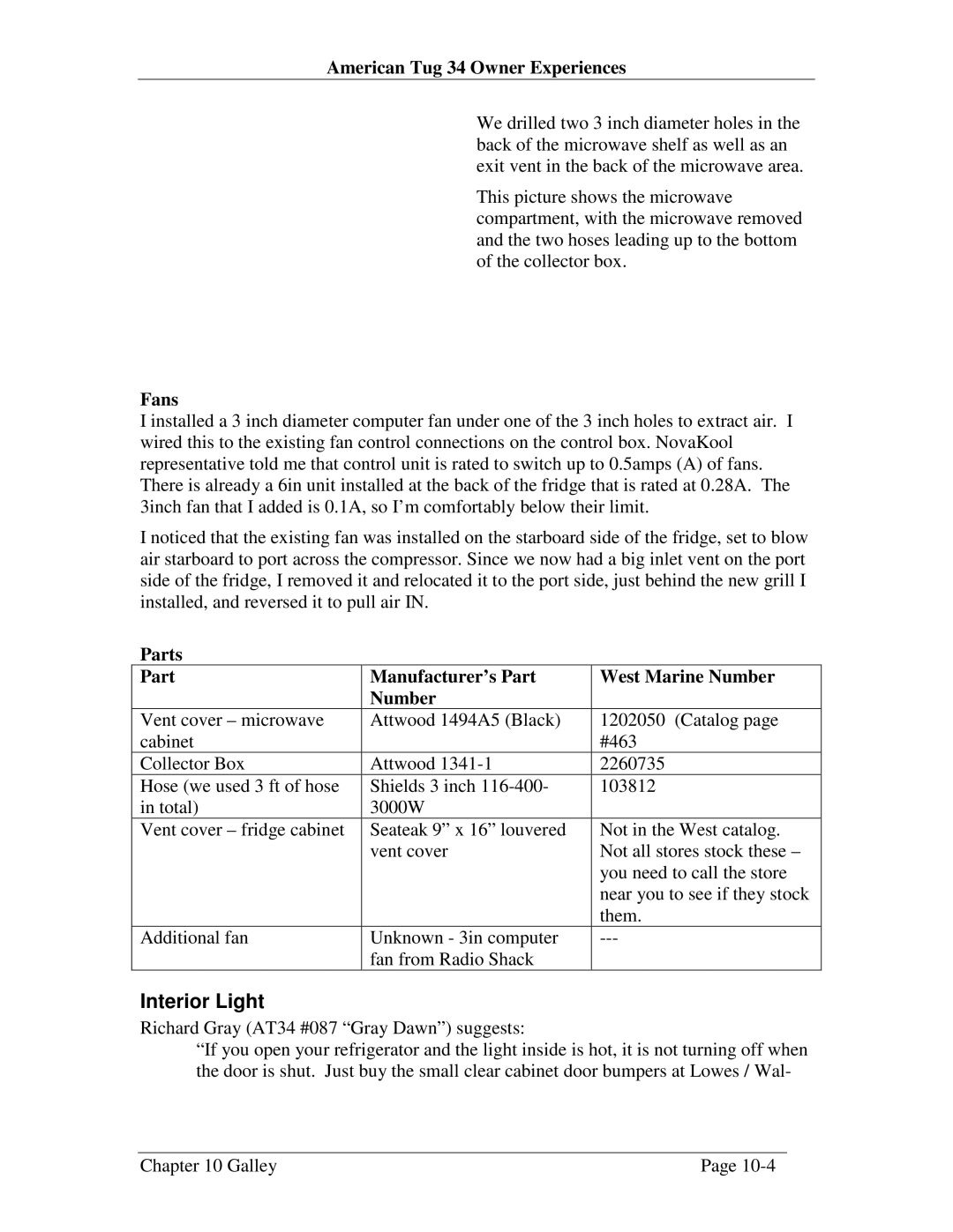 Nova Kool CHAPTER 10 user manual Interior Light, Fans, Parts Manufacturer’s Part West Marine Number 