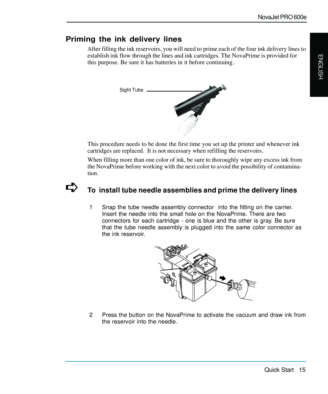 Nova Kool PRO 600E quick start Priming the ink delivery lines 