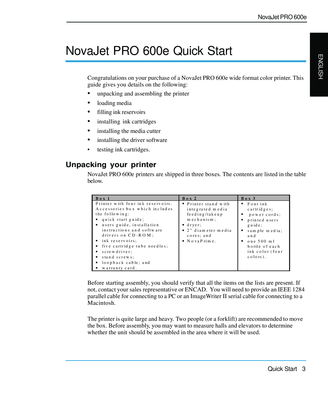 Nova Kool PRO 600E quick start NovaJet PRO 600e Quick Start, Unpacking your printer 