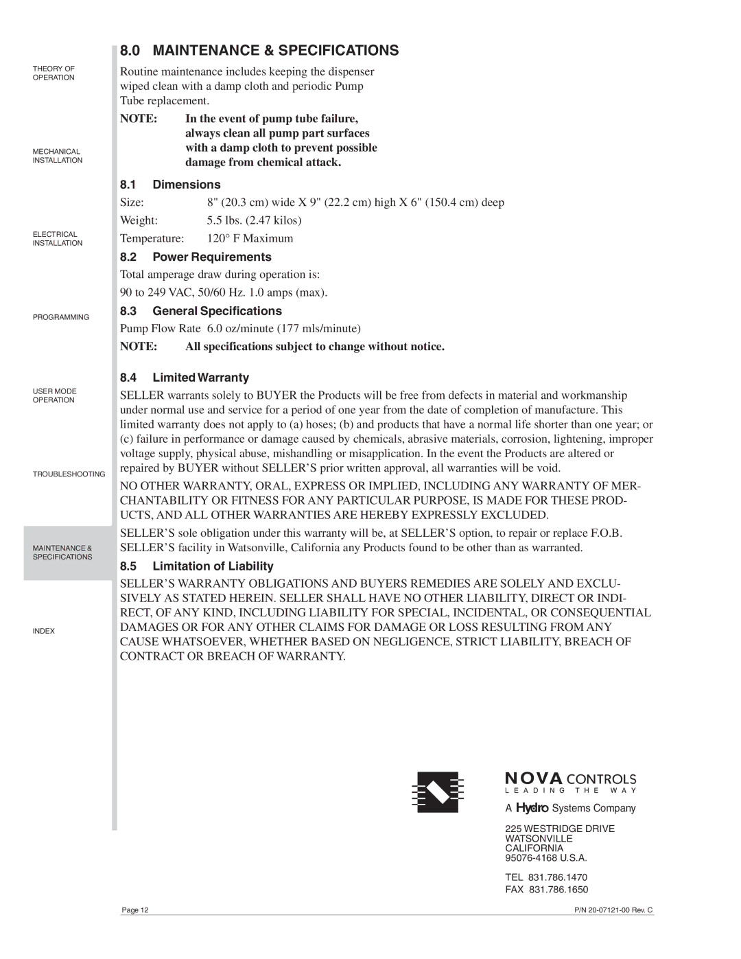 Nova LM-700 manual Maintenance & Specifications 