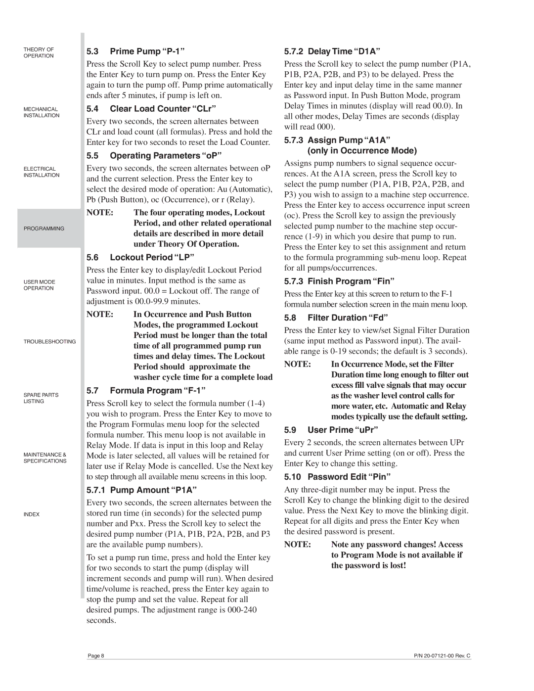 Nova LM-700 manual Prime Pump P-1, Clear Load Counter CLr, Operating Parameters oP, Lockout Period LP, Formula Program F-1 