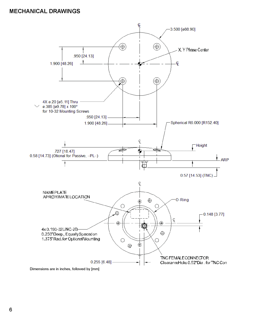 Novatel 3GOXX16A4-XTR-1-1 manual Mechanical Drawings, Dimensions are in inches, followed by mm 