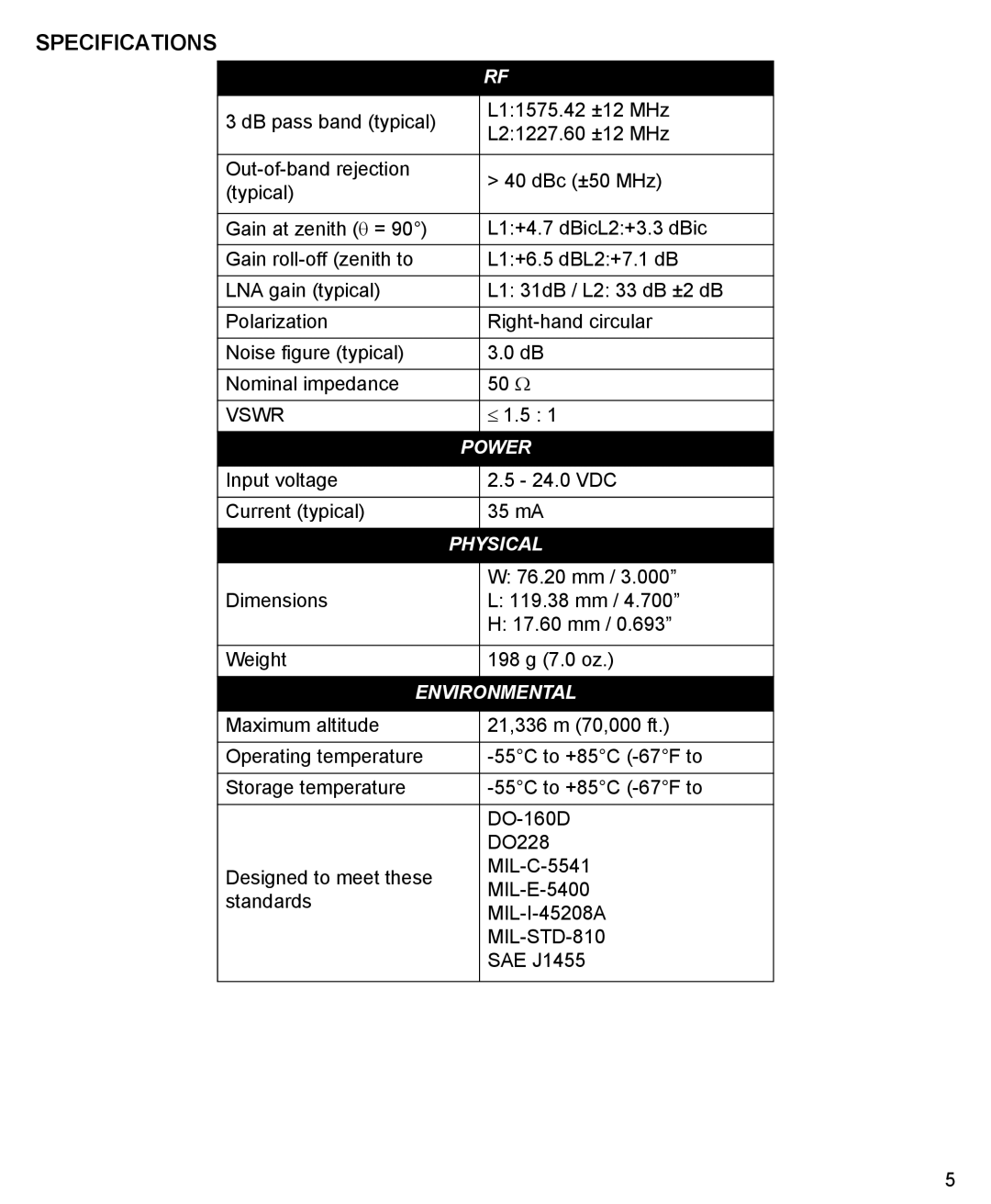 Novatel 42G1215A-XT-1 manual Specifications, Environmental 