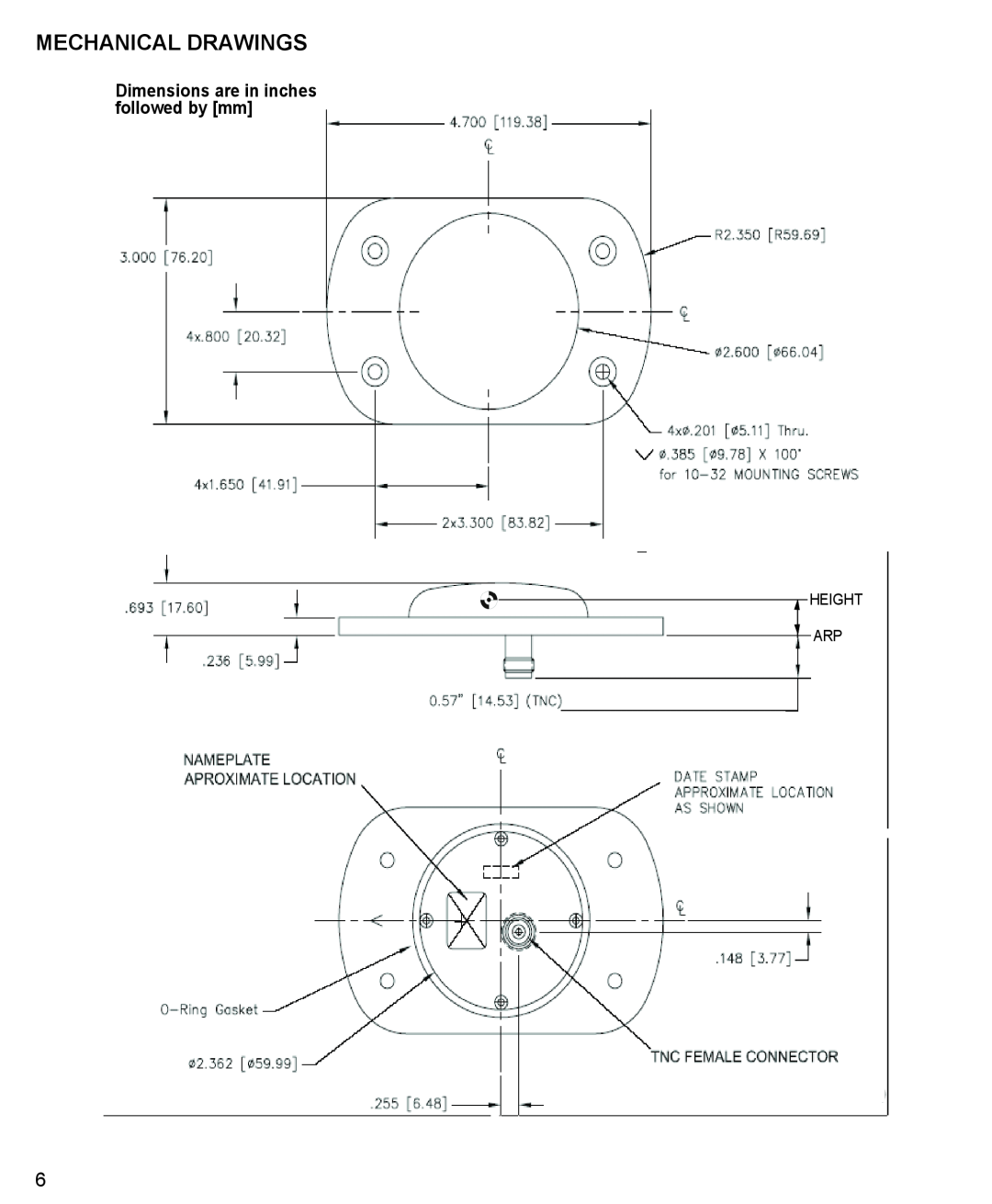 Novatel 42G1215A-XT-1 manual Mechanical Drawings, Dimensions are in inches followed by mm, Height Arp 