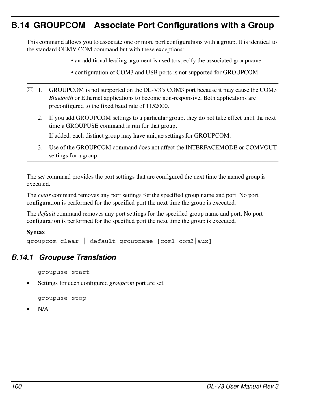 Novatel DL-V3 user manual Groupcom Associate Port Configurations with a Group, 100 