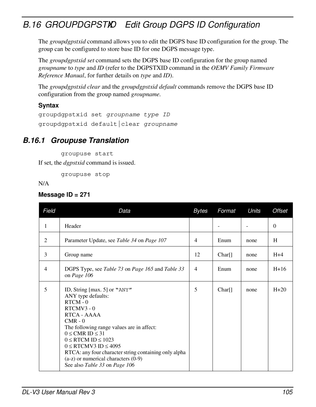 Novatel DL-V3 user manual Groupdgpstxid Edit Group Dgps ID Configuration, Dgps Type, see on Page 165 and Table 