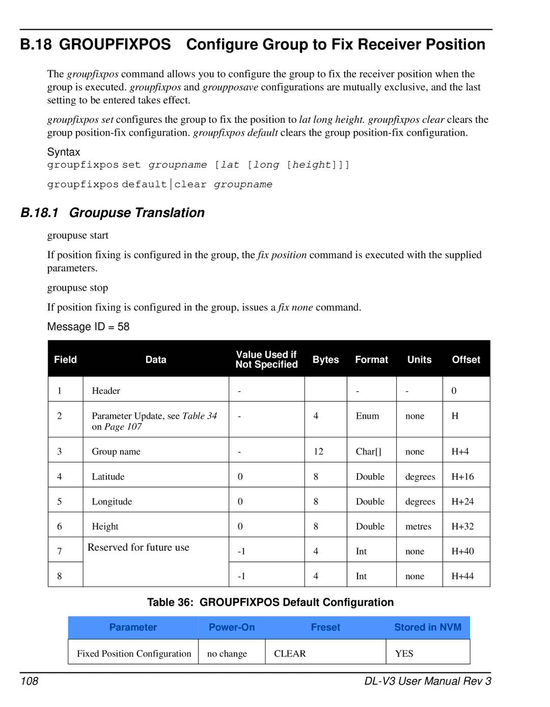 Novatel DL-V3 user manual Groupfixpos Configure Group to Fix Receiver Position, Groupfixpos Default Configuration 