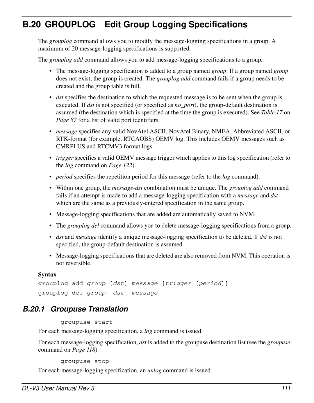 Novatel DL-V3 user manual Grouplog Edit Group Logging Specifications, 111 