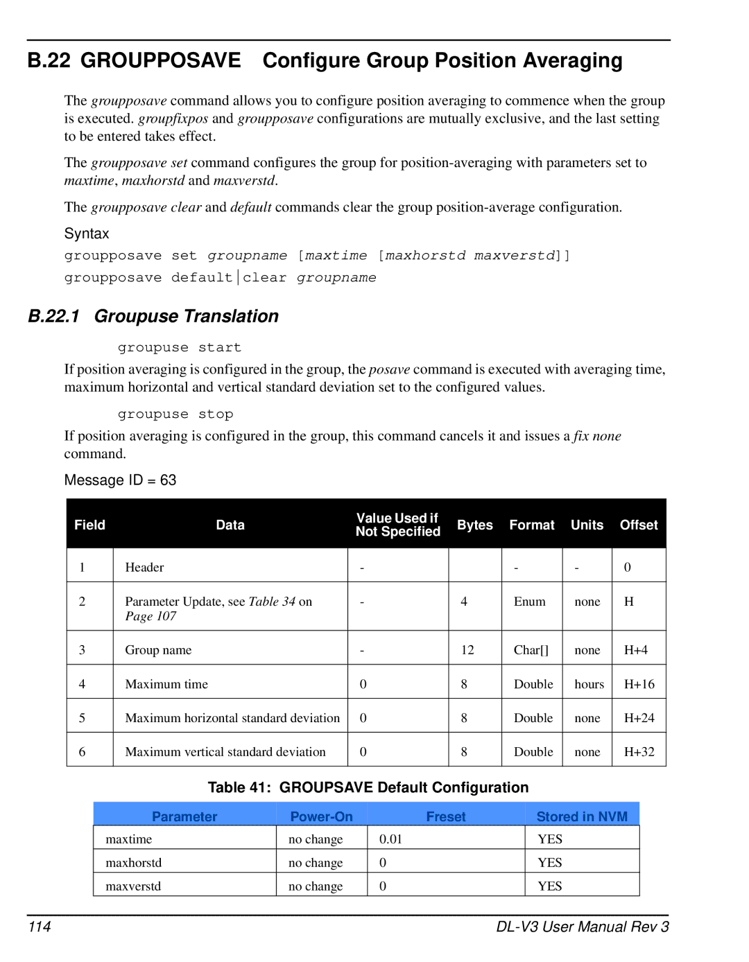 Novatel DL-V3 user manual Groupposave Configure Group Position Averaging, Groupsave Default Configuration 