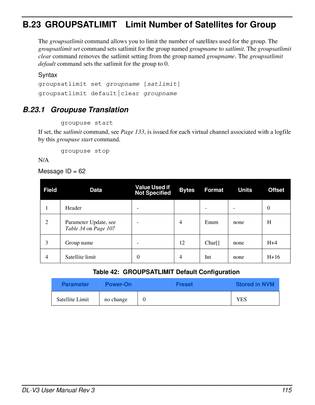 Novatel DL-V3 user manual Groupsatlimit Limit Number of Satellites for Group, Groupsatlimit Default Configuration 