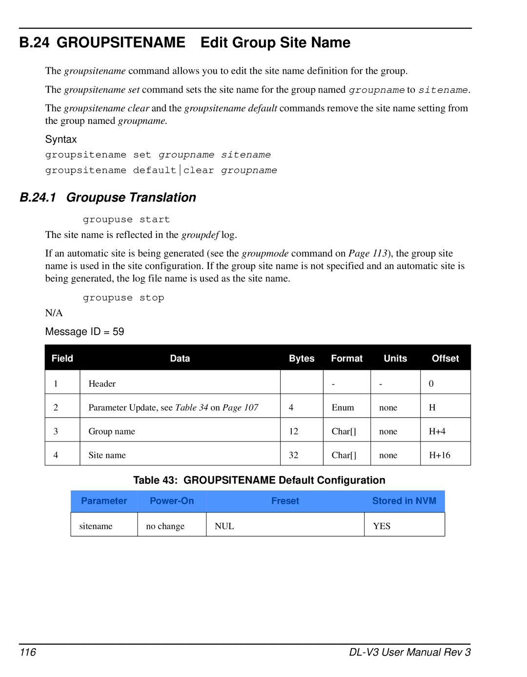 Novatel DL-V3 user manual Groupsitename Edit Group Site Name, Groupsitename Default Configuration 