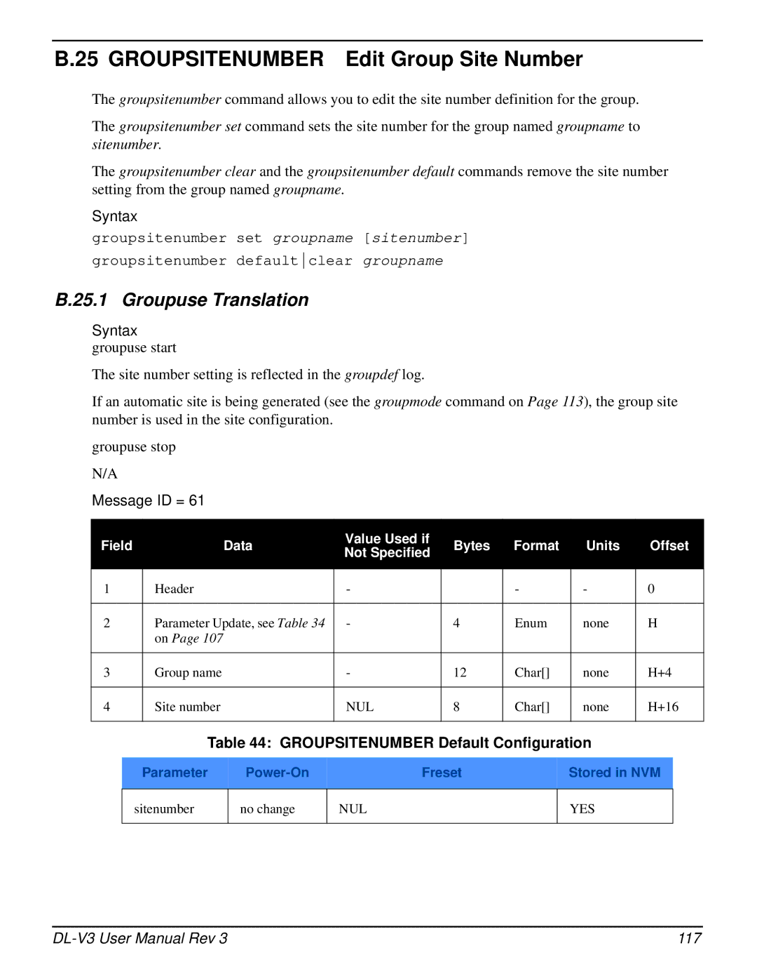 Novatel DL-V3 user manual Groupsitenumber Edit Group Site Number, Groupsitenumber Default Configuration 