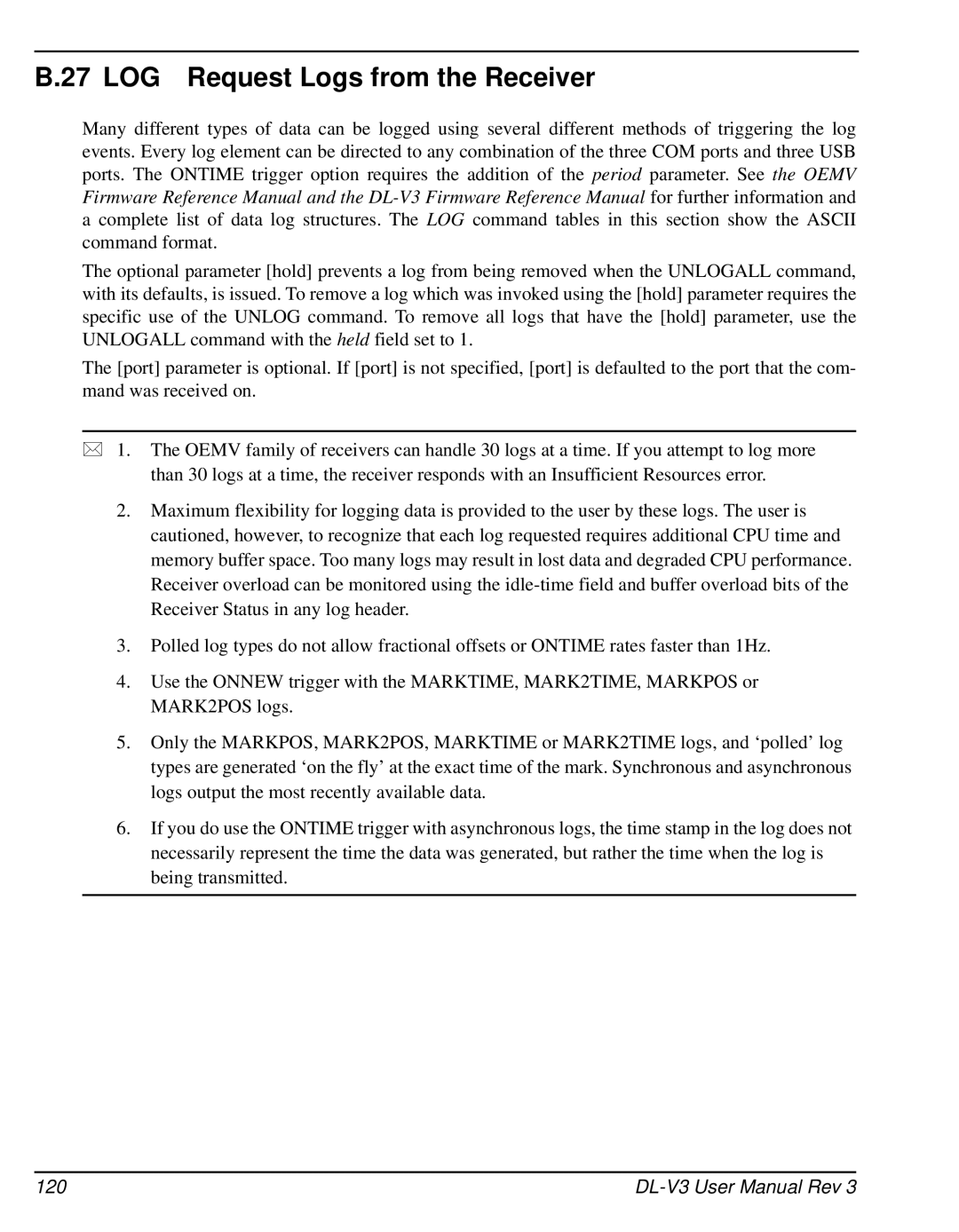 Novatel DL-V3 user manual LOG Request Logs from the Receiver, 120 