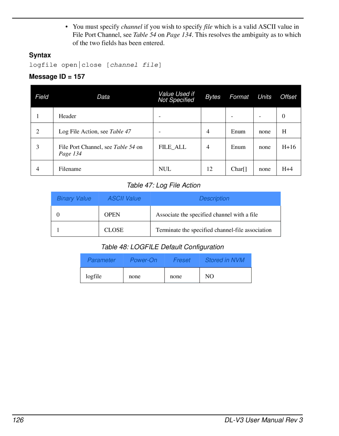 Novatel DL-V3 user manual Log File Action, Logfile Default Configuration 